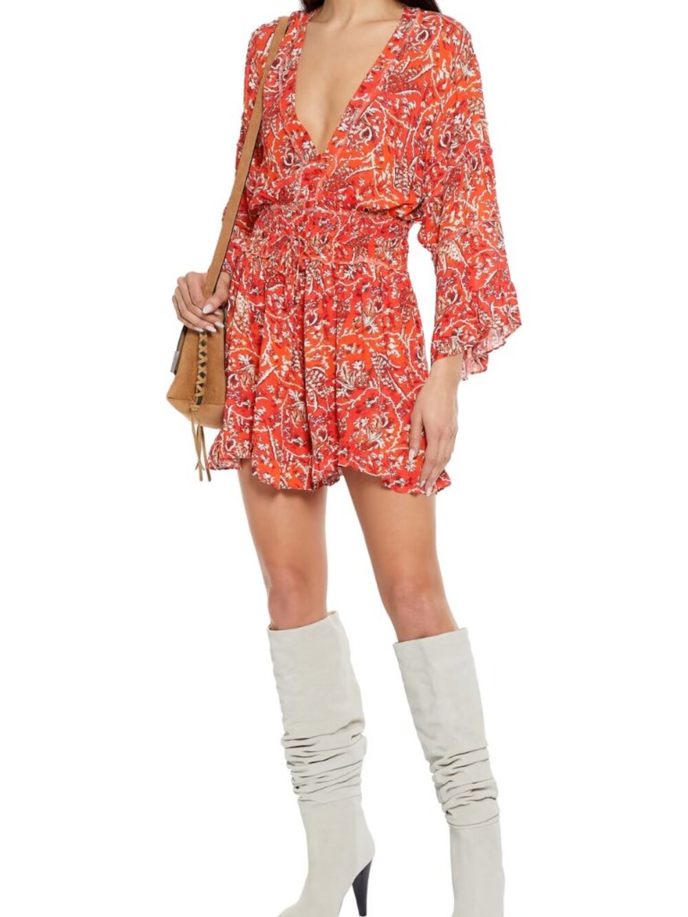 IRO Rhodey Orange Paisley Floral Frayed Ruffle Crepe Romper Playsuit Size 38/US6
